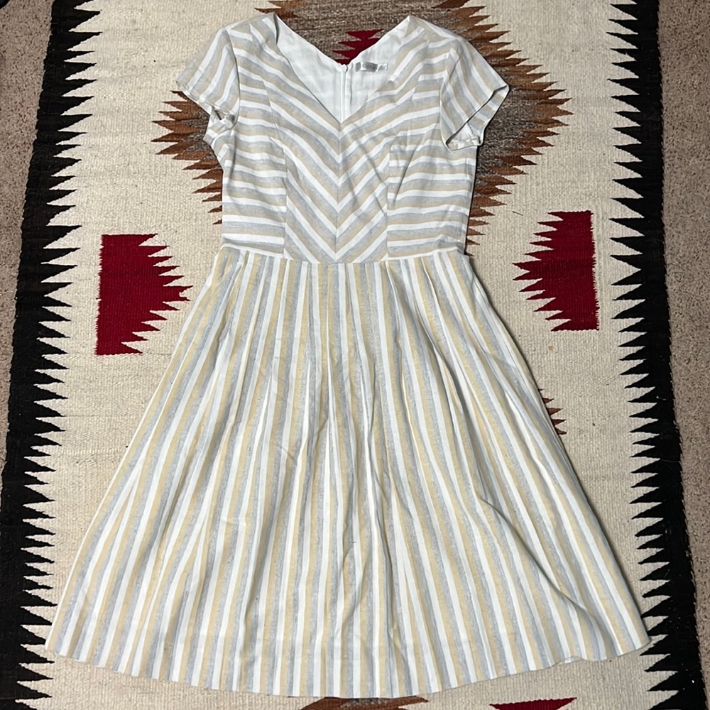 DownEast White and Yellow Striped Fit & Flare Midi Dress
